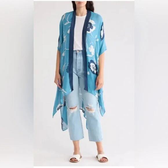 Melrose And Market One Size Blue Flower Print Ruana Open Front Topper Blue - Picture 1 of 7